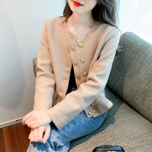 KM24012#秋冬季新款韩版双排扣显瘦呢子上衣圆领毛呢小香风短款外套女