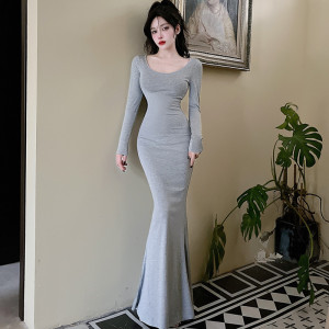 PS57856# 秋季新款灰色长袖修身包臀长裙气质高腰