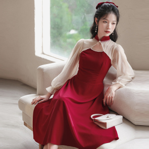 PS67946# 新款法式复古红色重工钉珠气质晚礼服裙 服装批发女装服饰货源