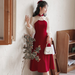 PS67946# 新款法式复古红色重工钉珠气质晚礼服裙 服装批发女装服饰货源