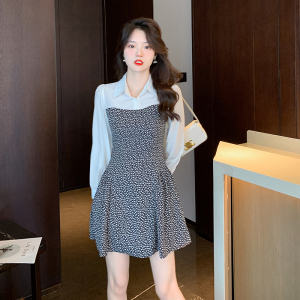 KM23044#韩版衬衫碎花拼接连衣裙甜酷少女小个子高腰显瘦蓬蓬裙