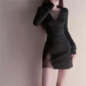 Long sleeved sexy hollow out patchwork slim fit wrap buttocks dress medium length