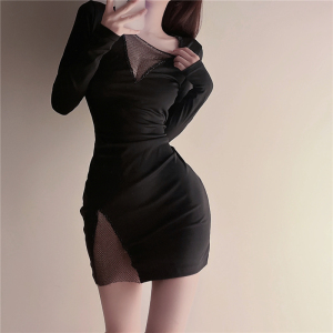 Long sleeved sexy hollow out patchwork slim fit wrap buttocks dress medium length