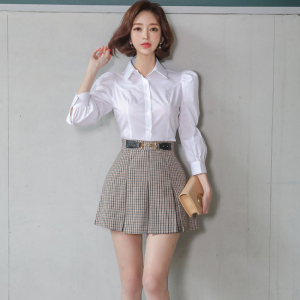 MY3262#韩版气质修身小短款衬衫上衣时尚收腰格子短裙套装