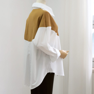 KM23185#韩版大码女装纯色翻领长袖白衬衣拼接坑条灯芯绒单排扣打底衫