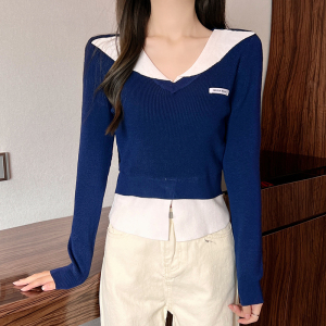 PS52014#  甜辣假两件V领针织衫女秋款长袖打底衫短款修身上衣 服装批发女装直播货源