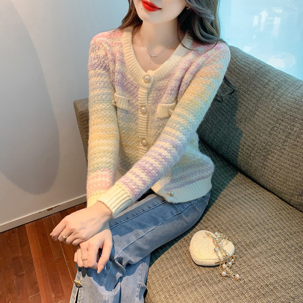 KM30750#韩版小香风毛衣外套秋冬新款洋气短款设计感彩虹针织开衫女