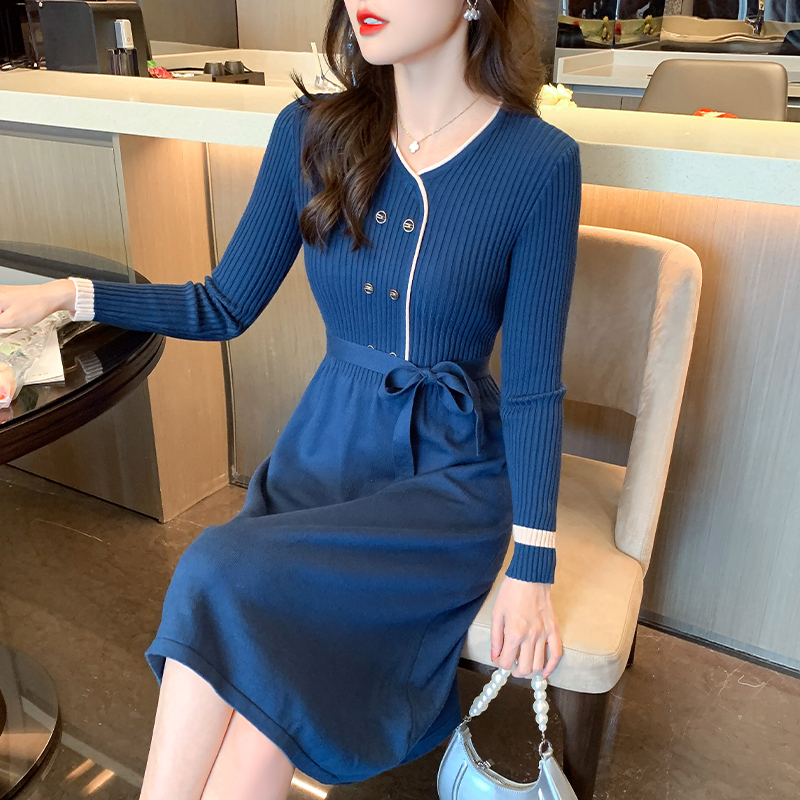 實拍羊毛衫氣質收腰連衣裙女秋冬系帶外穿毛衣裙針織打底羊絨衫