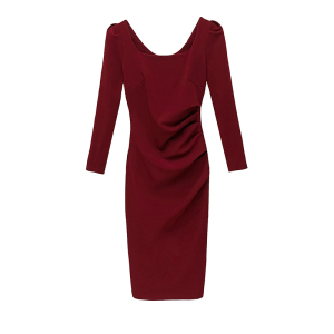 RM605#红色连衣裙女 新款长袖收腰显瘦气质方领订婚裙