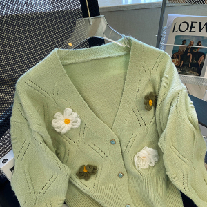 PS57927# 新款简约设计感小众V领针织开衫短款绿色花朵毛衣女外套