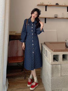 RY132#大码女装收腰长袖牛仔提花连衣裙胖MM藏肉显瘦中长款连衣裙