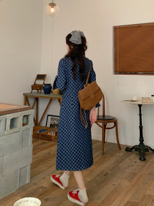 RY132#大码女装收腰长袖牛仔提花连衣裙胖MM藏肉显瘦中长款连衣裙