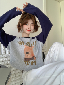 PS52728# 韩版宽松卡通小熊印花圆领撞色长袖短款T恤上衣 服装批发女装直播货源