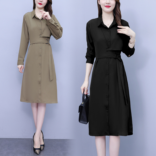 KM25002#大码女装设计感拼接假两件连衣裙女秋季气质减龄收腰显瘦裙子