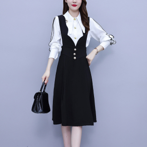 KM25720#新款韩版大码女装气质衬衣＋背带连衣裙两件套套装女