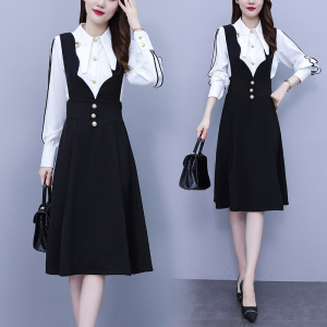 KM25720#新款韩版大码女装气质衬衣＋背带连衣裙两件套套装女