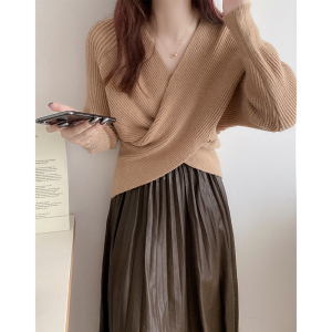 PS57847# 韩版法式优雅交叉V领套头宽松软糯长袖毛衣针织衫上衣女