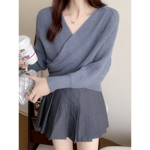 PS57847# 韩版法式优雅交叉V领套头宽松软糯长袖毛衣针织衫上衣女
