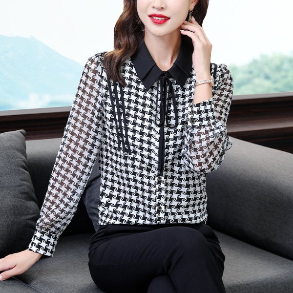 RM22143#新款时尚翻领千鸟格洋气设计感双层领系带显瘦长袖衬衫