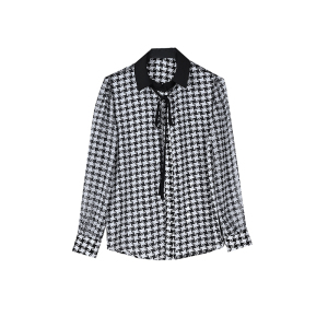 RM22143#新款时尚翻领千鸟格洋气设计感双层领系带显瘦长袖衬衫