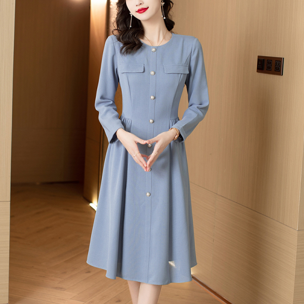 RM1801#知性小香风肌理感连衣裙 新款纯色褶皱大摆裙子