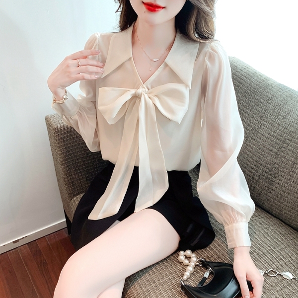 RM411#新款时尚蝴蝶结设计纯色仙女气质雪纺衬衫女