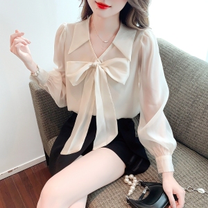 RM411#新款时尚蝴蝶结设计纯色仙女气质雪纺衬衫女