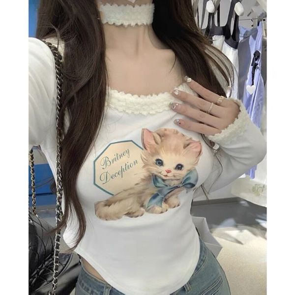 KM26725#大码女装 修身显瘦印花字母小猫长袖T恤