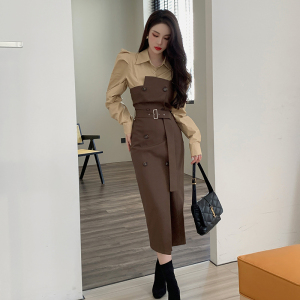 KM30286#新款韩版设计感洋气显瘦连衣裙法式泡泡袖撞色过膝长裙