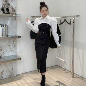 KM30286#新款韩版设计感洋气显瘦连衣裙法式泡泡袖撞色过膝长裙