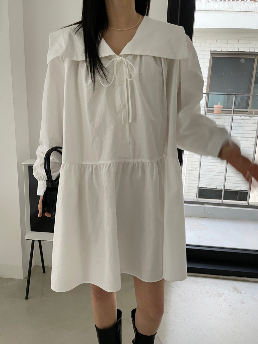 The size has been updated Korean chic spring new niche navy collar tie puff sleeve loose dress