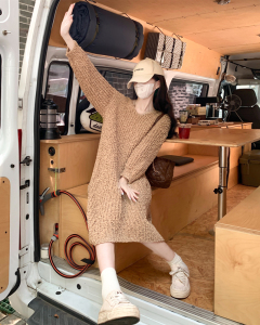 PS52445# 韩版慵懒宽松减龄连帽百搭长袖显瘦针织衫连衣裙 服装批发女装直播货源