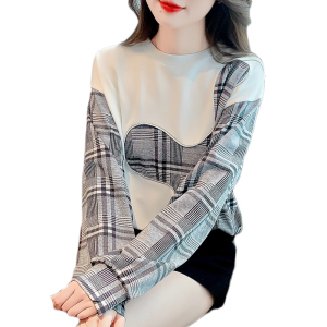 PS54021# 新款秋装韩版设计格子拼接圆领卫衣外套长袖女上衣 服装批发女装直播货源