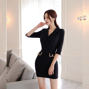 KM24499#新款韩版时尚气质职业显瘦性格v领包臀小黑裙连衣裙