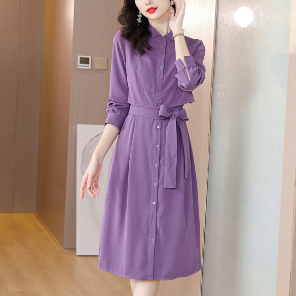 KM23994#秋装法式气质紫色连衣裙女装2022新款洋气系带收腰衬衫裙 ...