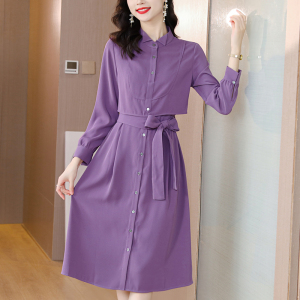PS52150# 秋装法式气质紫色连衣裙女装新款洋气系带收腰衬衫裙气质 服装批发女装直播货源