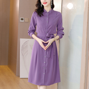 KM23994#秋装法式气质紫色连衣裙女装2022新款洋气系带收腰衬衫裙 气质