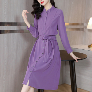KM23994#秋装法式气质紫色连衣裙女装2022新款洋气系带收腰衬衫裙 气质