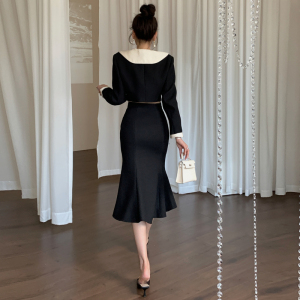 PS53370# 黑色休闲女装新款套装秋季两件套西装外套修身鱼尾长裙子 服装批发女装直播货源
