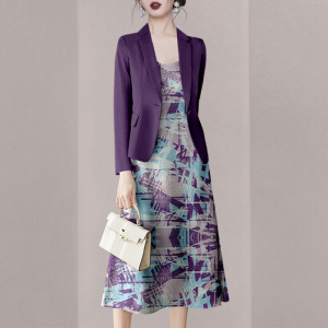 KM24135#秋季女装2022新款名媛气质套装紫色西服印花连衣裙两件套