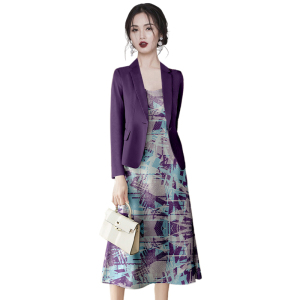 KM24135#秋季女装2022新款名媛气质套装紫色西服印花连衣裙两件套