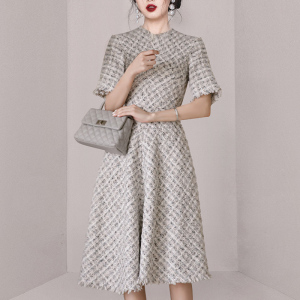 RM5397#时尚百搭小香风流苏高腰修身显瘦连衣裙