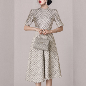 RM5397#时尚百搭小香风流苏高腰修身显瘦连衣裙