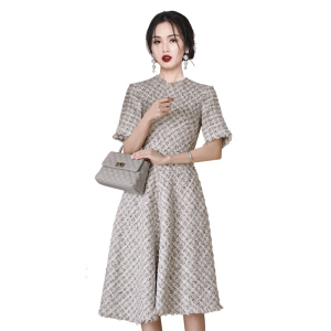 RM5397#时尚百搭小香风流苏高腰修身显瘦连衣裙