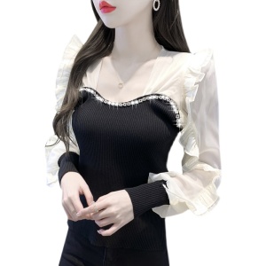 RM687#长袖重工链条镶钻拼色上衣设计感修身针织女装甜美