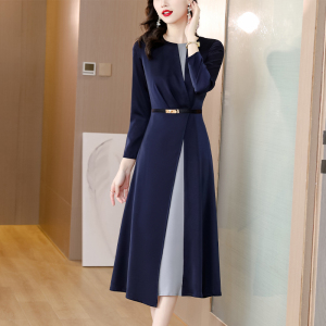 KM26014#新款冷淡风高级感气质藏蓝色连衣裙长袖礼服拼接显瘦裙子