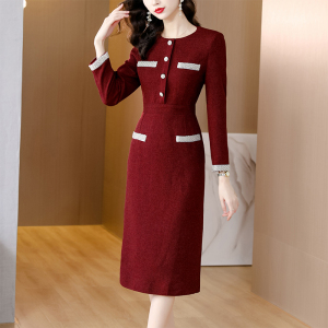 KM26017#新款小香风高级感气质红色修身妈妈礼服连衣裙长袖轻奢