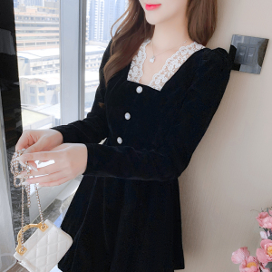 RM2680#赫本风法式气质小黑裙高级设计感金丝绒收腰蓬蓬连衣裙小个子秋冬