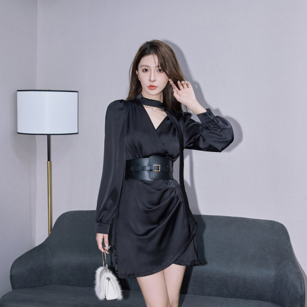 RM1852#飘带挂脖黑丝衬衫连衣裙 小黑裙