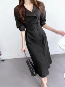 PS52676# 韩版chic小众设计不规则排扣后背系带显瘦长款连衣裙 服装批发女装直播货源